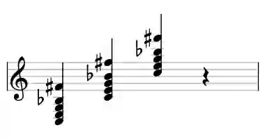 Bladmuziek van het C 7#11 akkoord in drie octaven